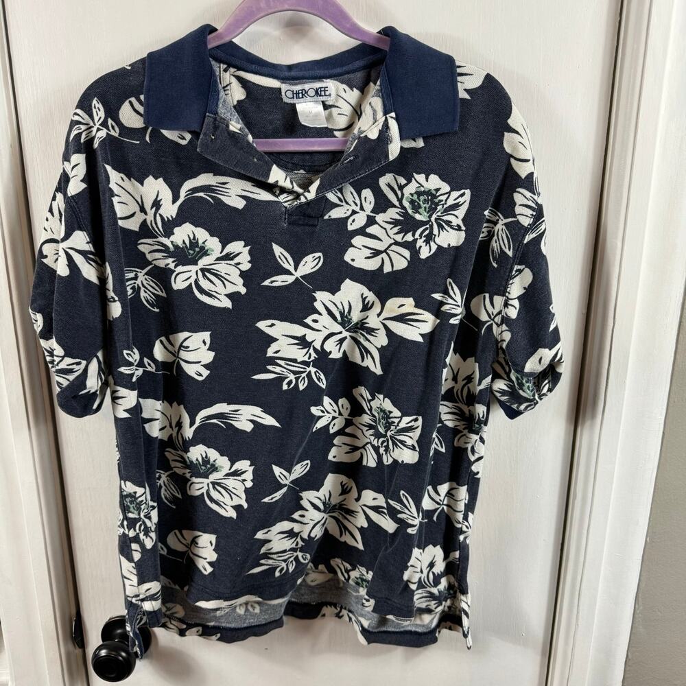 Cherokee vintage blue and white hibiscus Hawaiian print polo shirt.  Size M